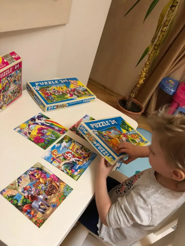 Пазлы понравились, в 2,3 года то что надо! От крупных деталей переходим на мелкие. Качество нормальное, есть небольшие не дорезанные кусочки, но это поправимо. Неудобная коробка для хранения 4х картинок, перемешиваются между собой. Коробка пришла надорванная! Да и вообще коробка выглядит не эстетично, грубый картон, плотно не закрывается через щели выпадают маленькие пазлы. 