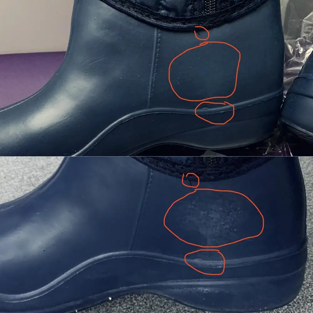 Заказала второй раз, пришли тоже самые. На пункте выдачи стали уверять меня, что мол партия вся наверное такая. Какая такая, с одинаковой потёртостью и с теми же обрезанными ярлычками??? Я до второго заказа первый заказ сапоги сфотографировала! Неуважение и лож со стороны менеджера на пункте выдачи! На верхнем фото я это потёртое пятно пыталась потереть влажной салфеткой, при полном высыхании светлоте потёртое пятно опять появилось. Я поняла, что мне и в третий раз могут их прислать, мне пришлось их взять, дома натёрла воском, чтобы хоть как то скрыть пятно.