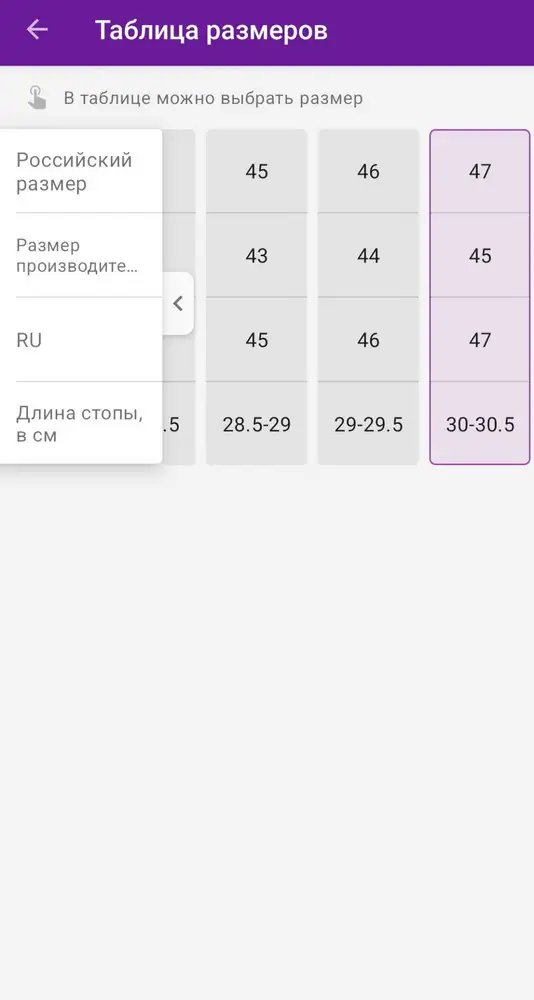 В таблице размеров указана неправда.  Типа на 47 размер, а по факту обычный 45.