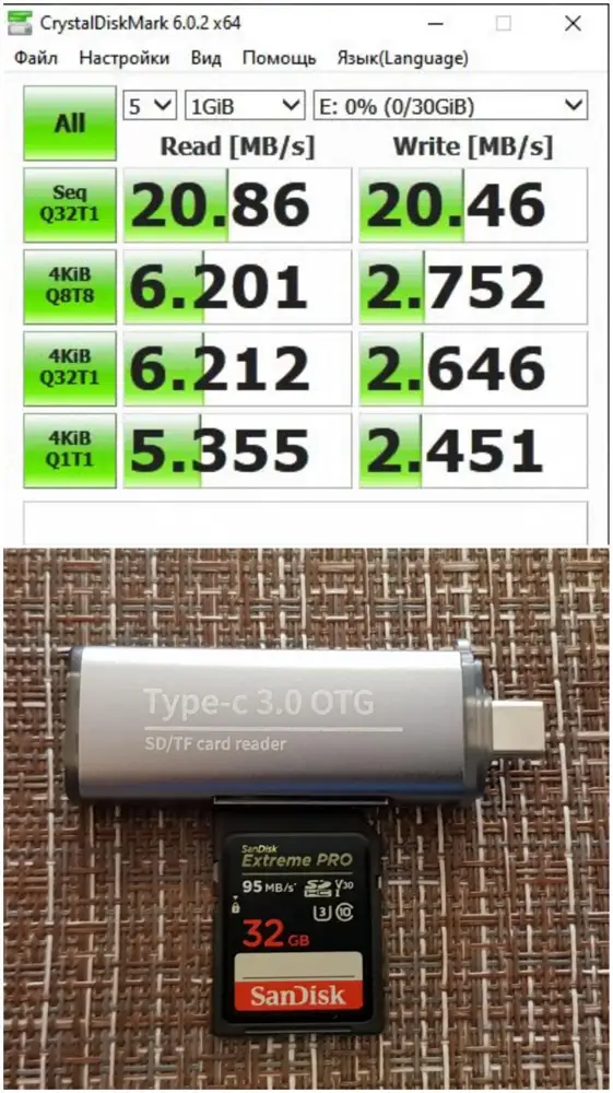 В описании не написано что слот для SD\TF карт памяти USB 2.0,обратил внимание только на коробке,после покупки и естественно вернуть уже невозможно,хитрецы!!!О USB 2.0 вообще в описании на сайте не написано ничего!
А мне нужна была именно скорость SD карты,так как встроенный картридер в моем ноутбуке не выдавал полную скорость карты памяти.
Тесть делал в ноутбуке Asus ROG Strix Scar 2 GL704GM,все USB у меня 3.1.
1.Фото,замер с OTG 
2.Фото замер с встроенного картридера.
Результат на глаза.🤬