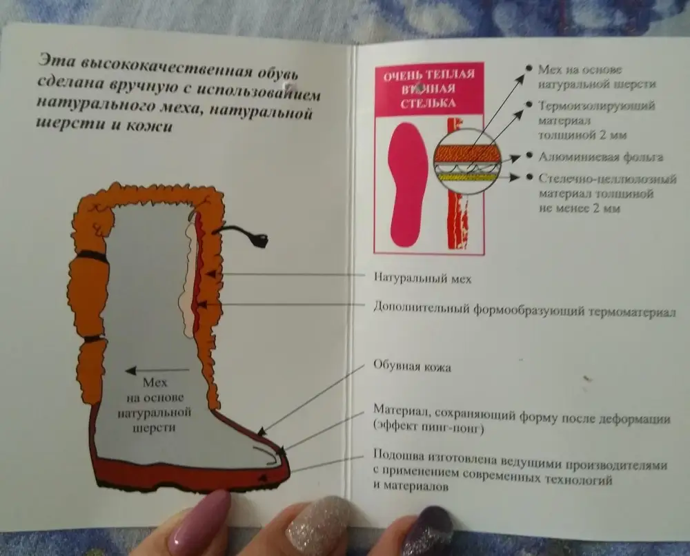 Красивые, аккуратные. На 38 взяла 39, по длине отлично, но с тонким носком ступня немного ездит. С присланной стелькой и махровым носком очень комфортно. Главное, не скользят совсем. Пока -10, уверена выдержат наши 30-35. Не люблю замшу, но написано гидрофобные и мне не хотелось войлока посреди подошвы, поэтому выбрала эту модель. Спасибо производителю и цена приемлемая!