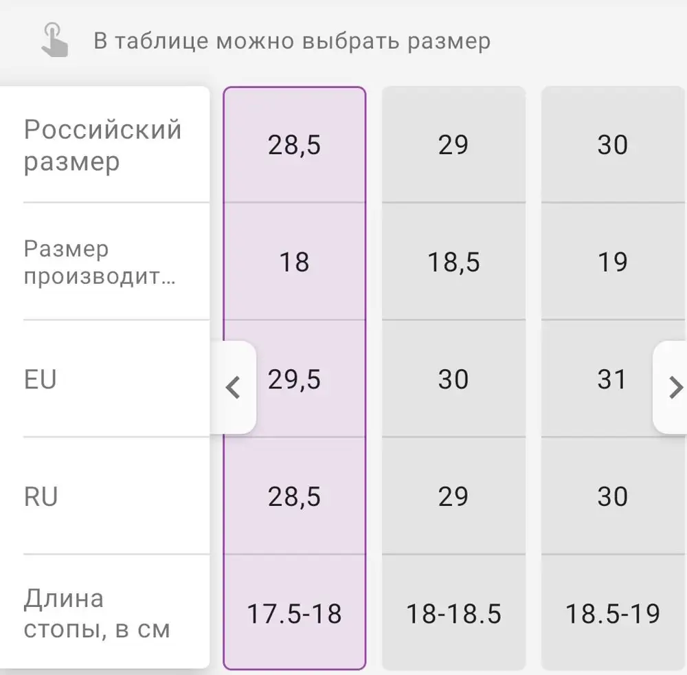 Размерная сетка не соответствует. Размер 18 на стопу 17,5-18,0 см, по факту стелька 17,0. Это издевательство. Возврат